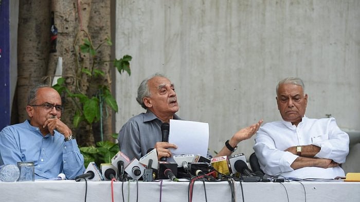 (from left) Prashant Bhushan, Arun Shourie and Yashwant Sinha