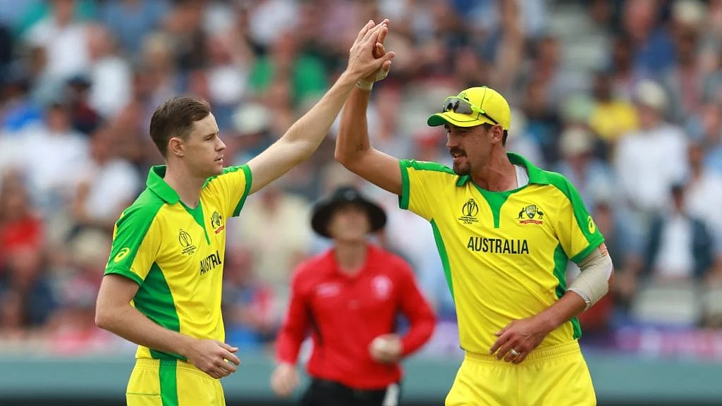 Australia’s Jason Behrendorff and Mitchell Starc during the 32nd match of 2019 World Cup between Australia and England at Lord’s Cricket Ground in London, June 25, 2019.