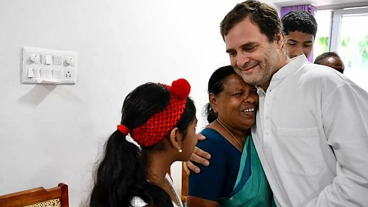 In an emotional reunion, Rahul Gandhi hugs Rajamma, his delivery nurse, who is now settled in Wayanad in Kerala post her retirement.