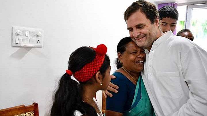 In an emotional reunion, Rahul Gandhi hugs Rajamma, his delivery nurse, who is now settled in Wayanad in Kerala post her retirement.