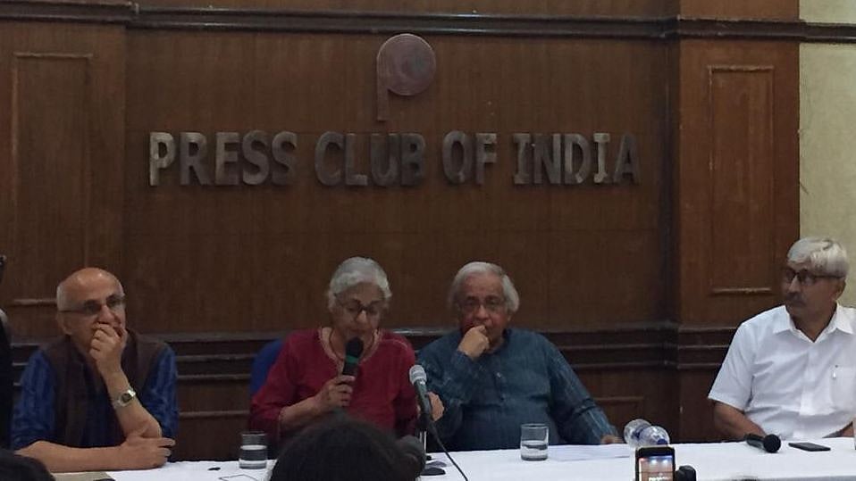 Harsh Mander, Githa Hariharan, Ashok Vajpeyi and Apoorvanand at at a solidarity meet organised in the Capital