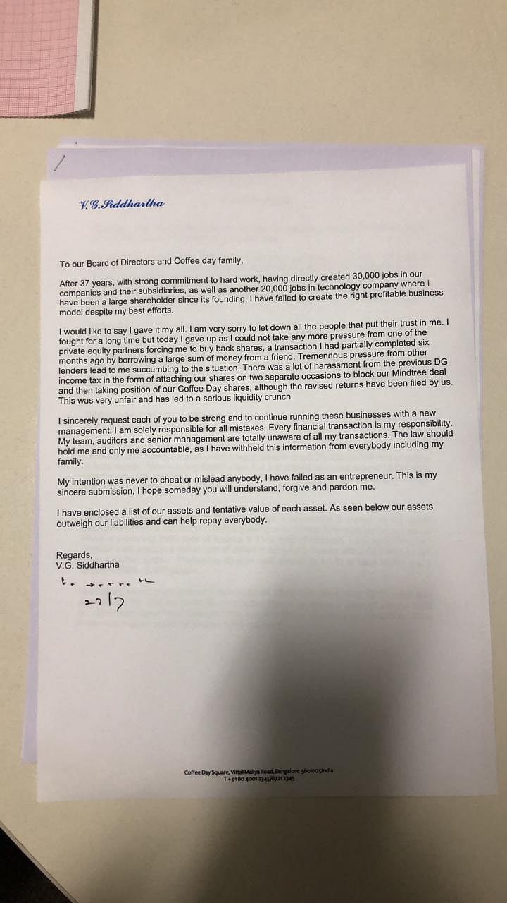 ‘Missing’ Cafe Coffee Day founder’s letter sends shock waves through business and Income Tax circles
