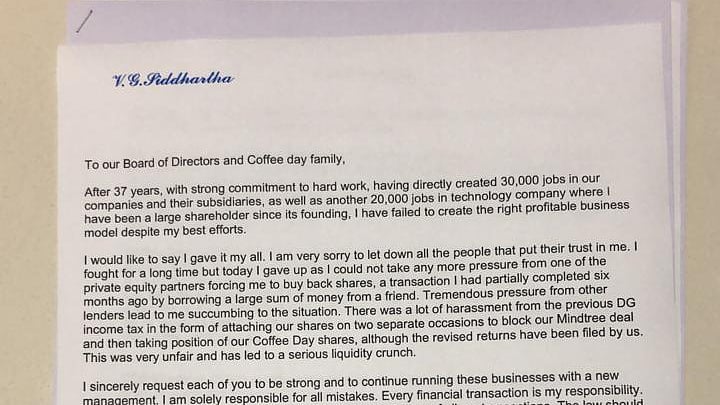 ‘Missing’ Cafe Coffee Day founder’s letter sends shock waves through business and Income Tax circles
