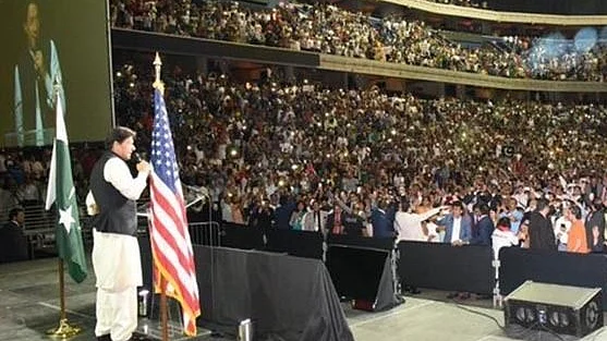 Imran Khan addresses Pakistani diaspora in Washington on Sunday.