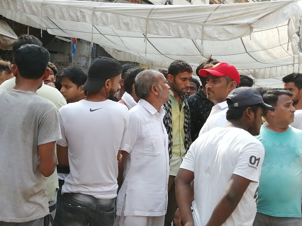 Bajrang Dal activists under an awning near the temple&nbsp;