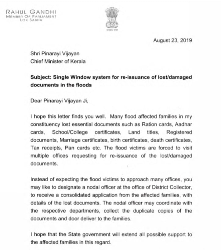 Rahul Gandhi seeks setting up of single-window system for reissuance of documents lost by Ker flood victims