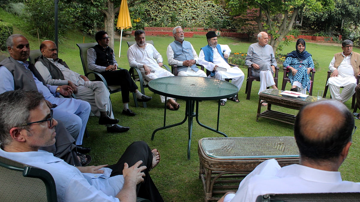 Kashmir’s prominent political leaders met at National Conference president Farooq Abdullah’s residence in Srinagar to discuss the current situation in Kashmir on Sunday, Aug. 4, 2019. (PTI Photo).