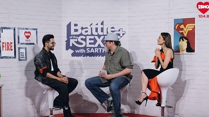 Ayushmann Khurrana and Nushrat Bharucha set the studio on fire as they battle it out on the iconic show Battle of the Sexes with Sarthak on 104.8 Ishq