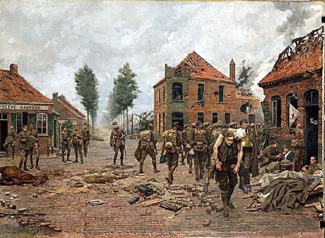 The painting that Hitler showed to British Prime Minister Neville Chamberlain during his visit to Germany in 1938. Henry Tandey is seen carrying a wounded fellow soldier on his shoulder.