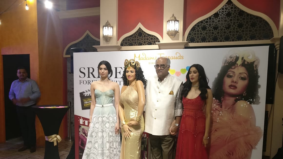 Boney Kapoor along with daughters Janhvi and Khushi unveil Sridevi’s statue at Madame Tussauds in Singapore