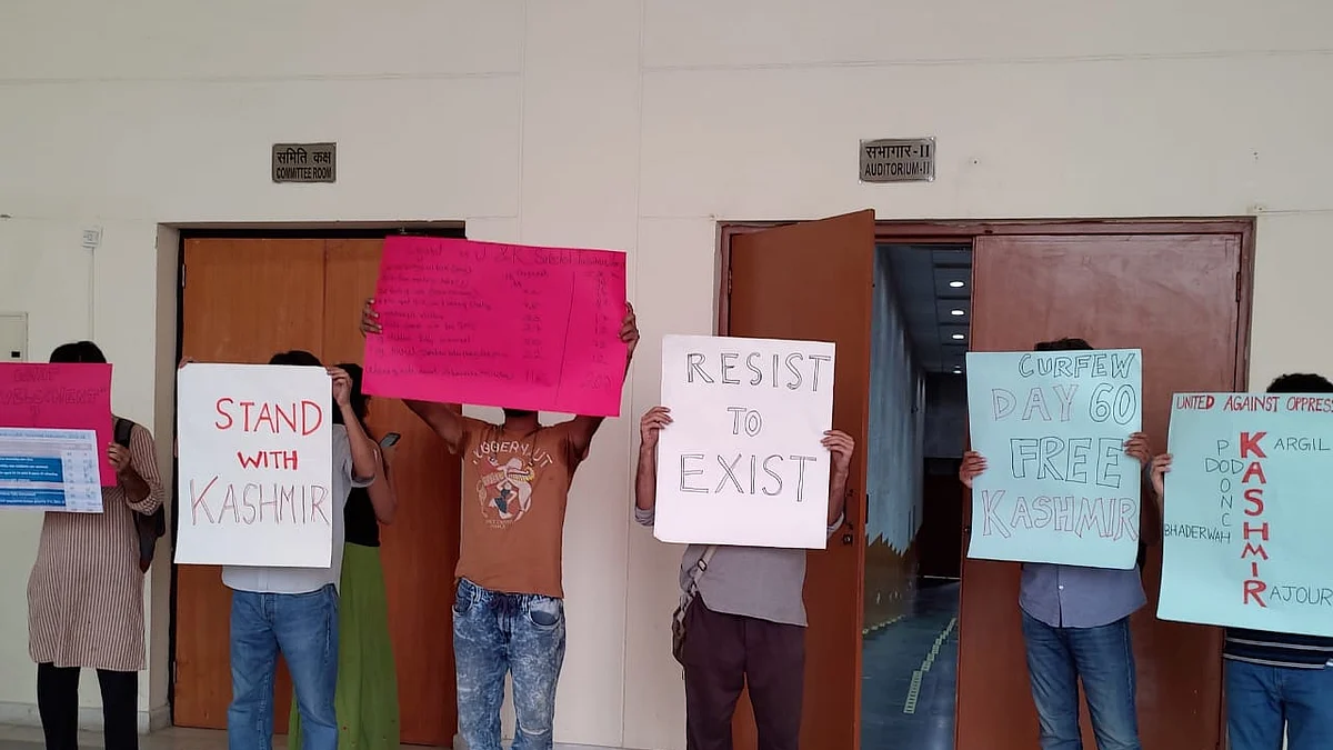 JNU students protest against Union Minister Jitendra Singh’s speech on revoking of special status of Jammu and Kashmir