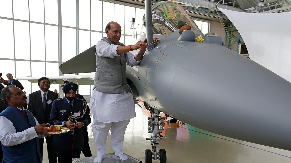 Defence Minister Rajnath Singh performing the puja of the first Rafale fighter plane at a Dassault facility in Merignac in France on October 8, 2019.