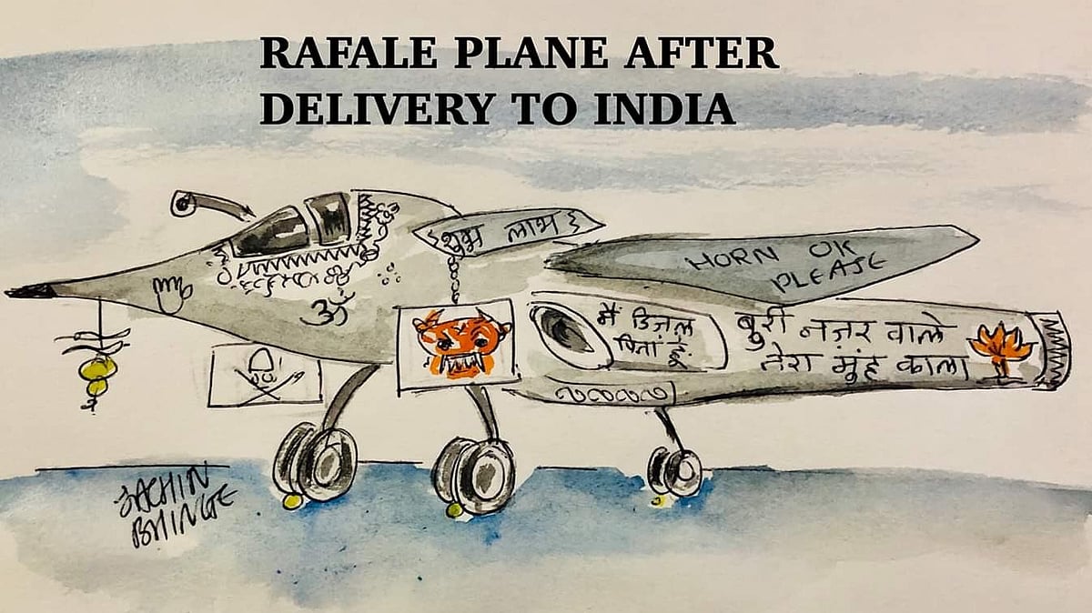 Cartoon on Rafael’s Shastra Puja/Social Media
