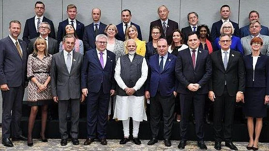 PM Modi with the delegation of EU parliamentarians whom the government has invited to visit Kashmir