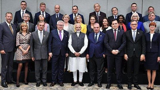 PM Modi with the delegation of EU parliamentarians whom the government has invited to visit Kashmir.&nbsp;