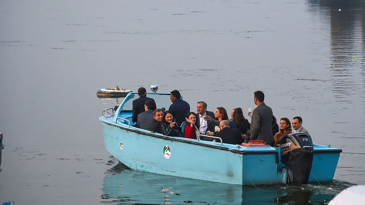 Members of European Union Parliament (MEP) during a boat ride at Dal Lake in Srinagar on Tuesday, Oct 29, 2019. Protest broke out in many parts of the city as a European Union MPs visited the Valley (PTI Photo)