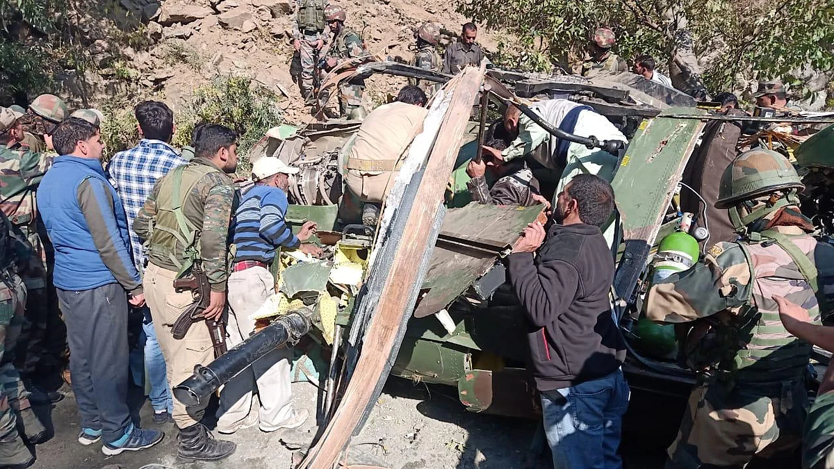 The debris of the chopper that crash landed in Jammu’s Poonch on Thursday.