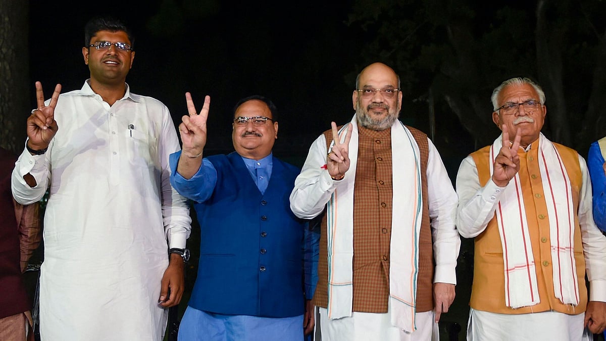Home Minister Amit Shah, BJP Working President JP Nadda, Manohar Lal Khattar and JJP leader Dushyant Chautala after sealing the Haryana deal, New Delhi,  25 Oct, 2019 (photo: PTI)