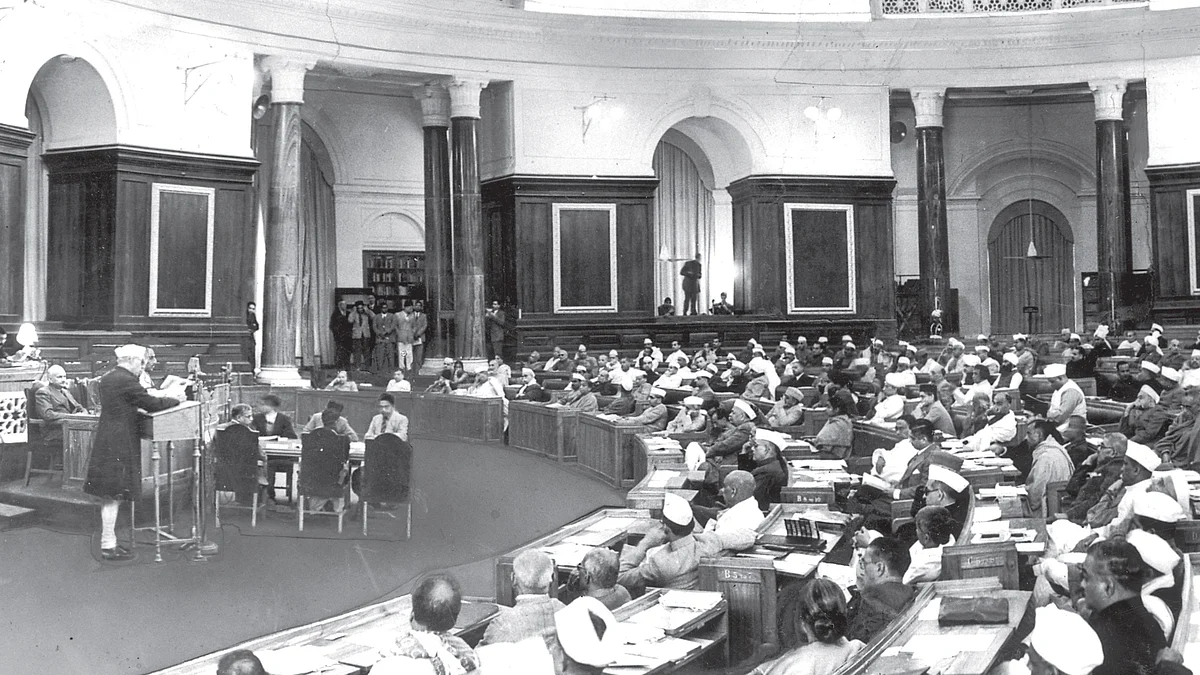 Jawaharlal Nehru moves the resolution for an independent republic in a historic moment at the Constituent Assembly in New Delhi on February 8, 1947