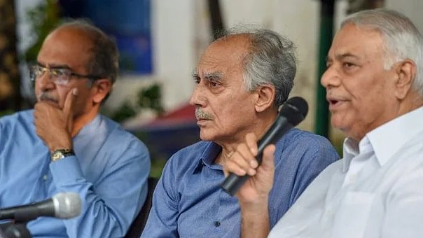 (From left) Lawyer and activist Prashant Bhushan, former ministers Arun Shourie and Yashwant Sinha (Courtesy: Twitter)