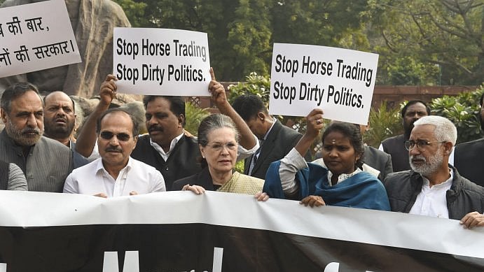 Congress president Sonia Gandhi participates in an Opposition protest against Modi govt at Parliament House in November, 2019