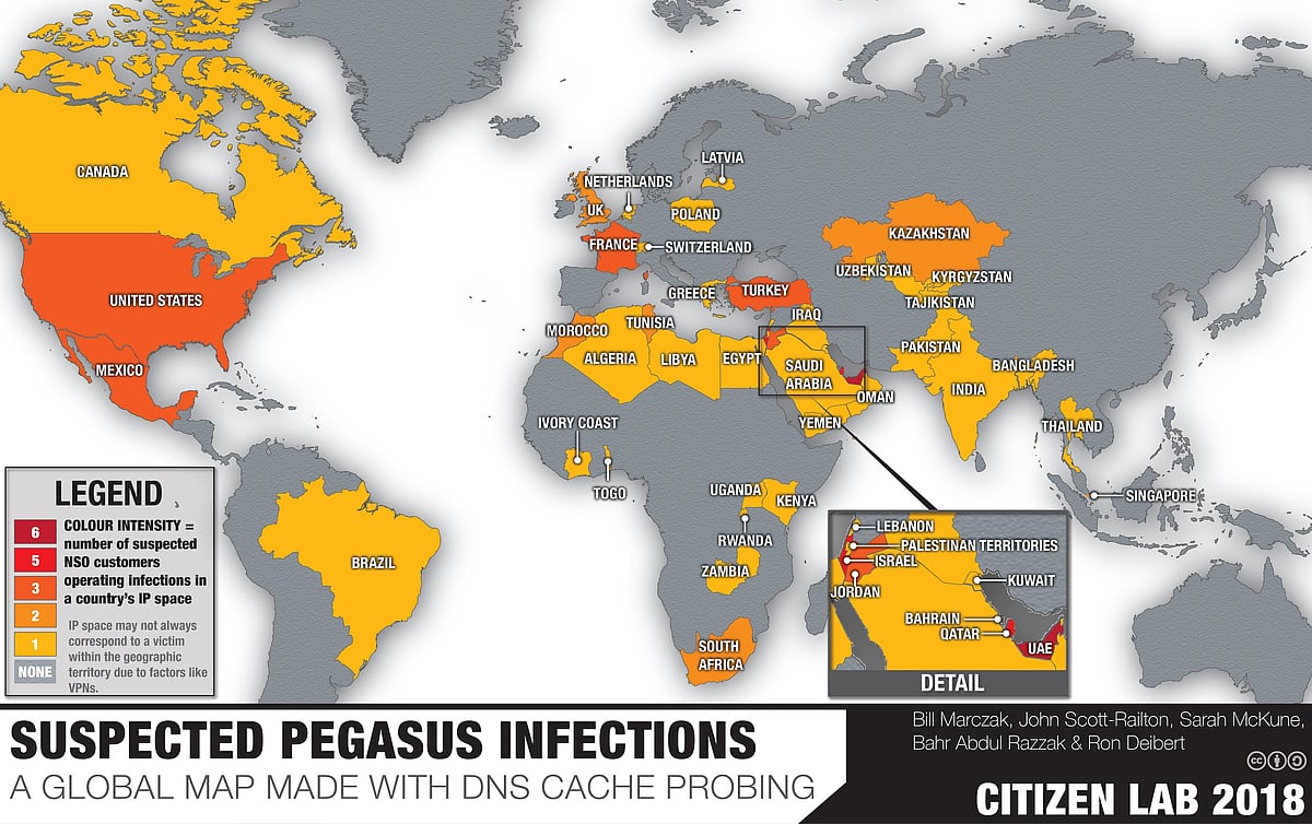 The colour coding suggests that in India only one or two operators were using the spyware