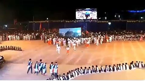 Students charging at a poster of Babri Masjid during a play at Shri Ram Vidya Kendra in Mangaluru on Sunday, Dec 15, 2019. (Photo courtesy: Social media)