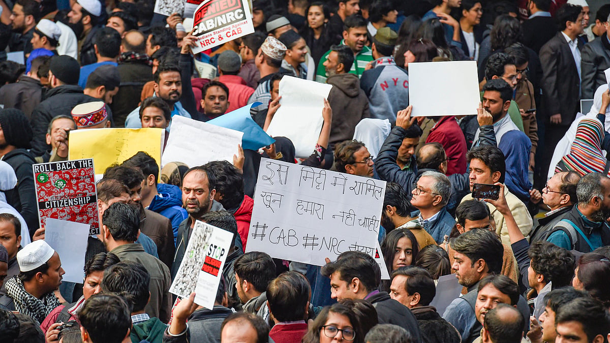 Protesters at Jantar Mantar in New Delhi demanding withdrawal of Citizenship Amendment Act and proposal to extend NRC across India, on Saturday, Dec 14, 2019. (PTI Photo)