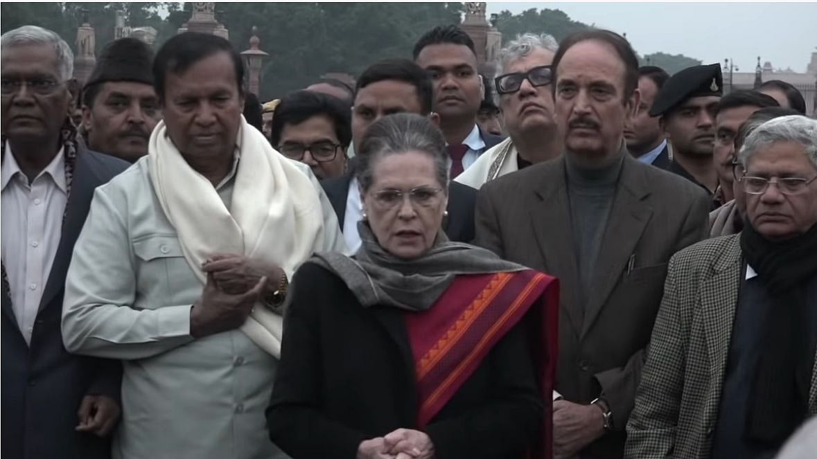 Congress President Sonia Gandhi with Opposition leaders Sitaram Yechuri, A Raja and Derek O Brian