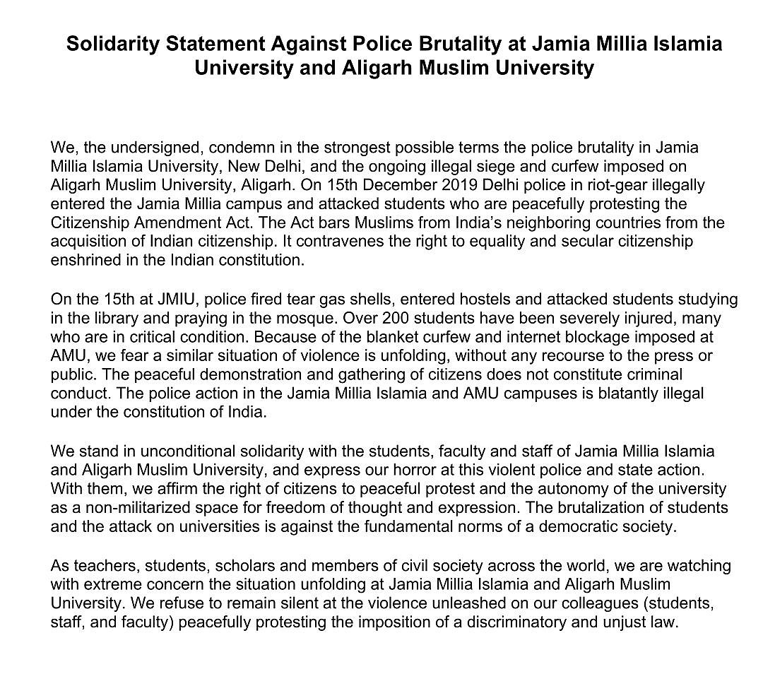 Over 10,000 academicians, teachers across the globe condemn police attack on Jamia and AMU students