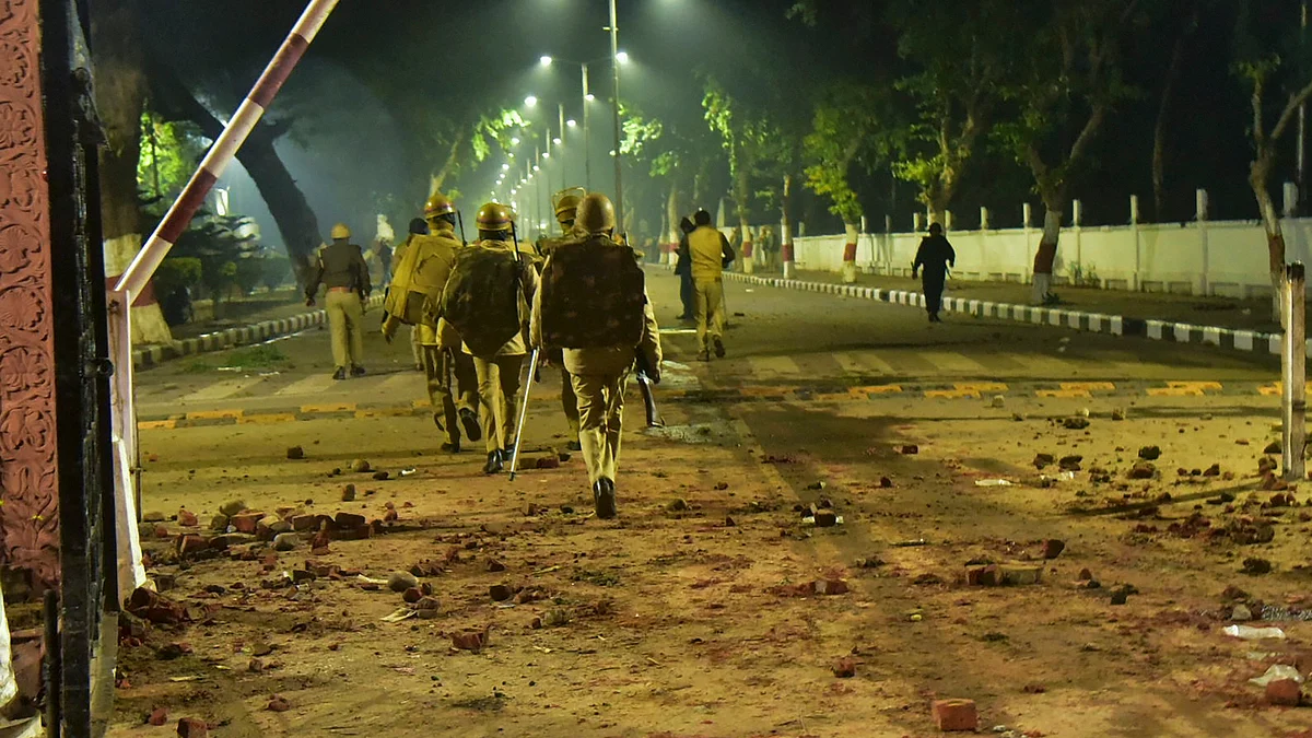 Police personnel conduct a march after the violent protests against Citizenship Amendment Act,at Aligarh Muslim University (AMU), in Aligarh, Sunday, Dec. 15, 2019 (PTI Photo)