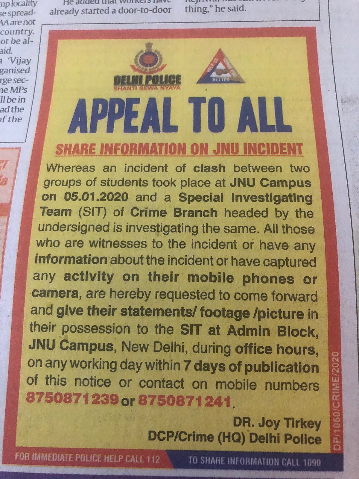 Delhi police publishes ad requesting info on JNU; what happened to available information?
