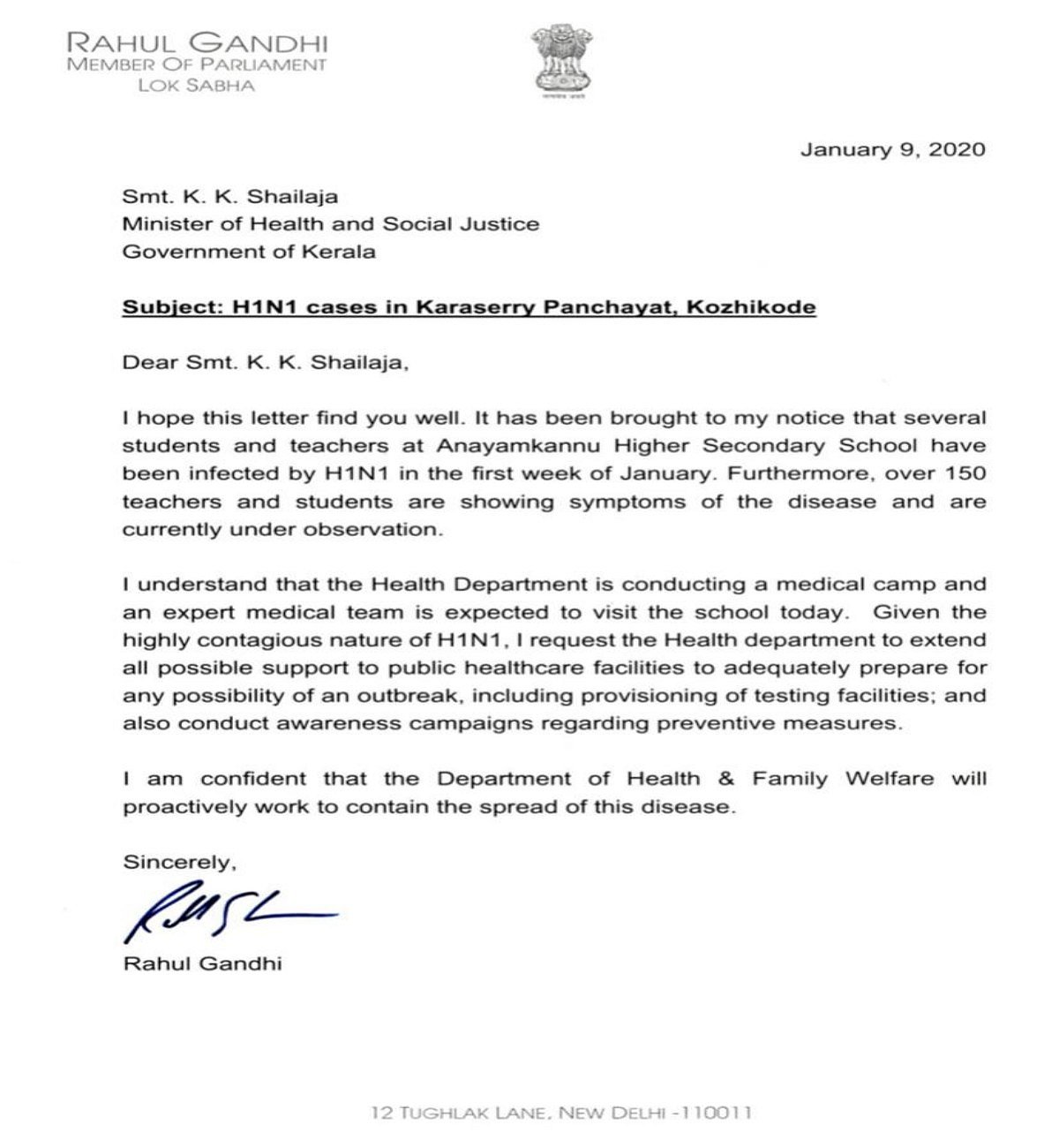 Rahul Gandhi writes to Kerala health minister over report of new H1N1 cases in Wayanad