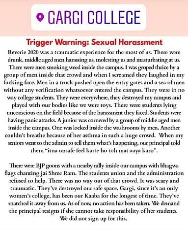 Molested thrice in 10 mins: Gargi College girls say “BJP goons chanting Jai Shree Ram molested us”