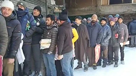 People lineup for fruits and vegetables in Kargil, Ladakh