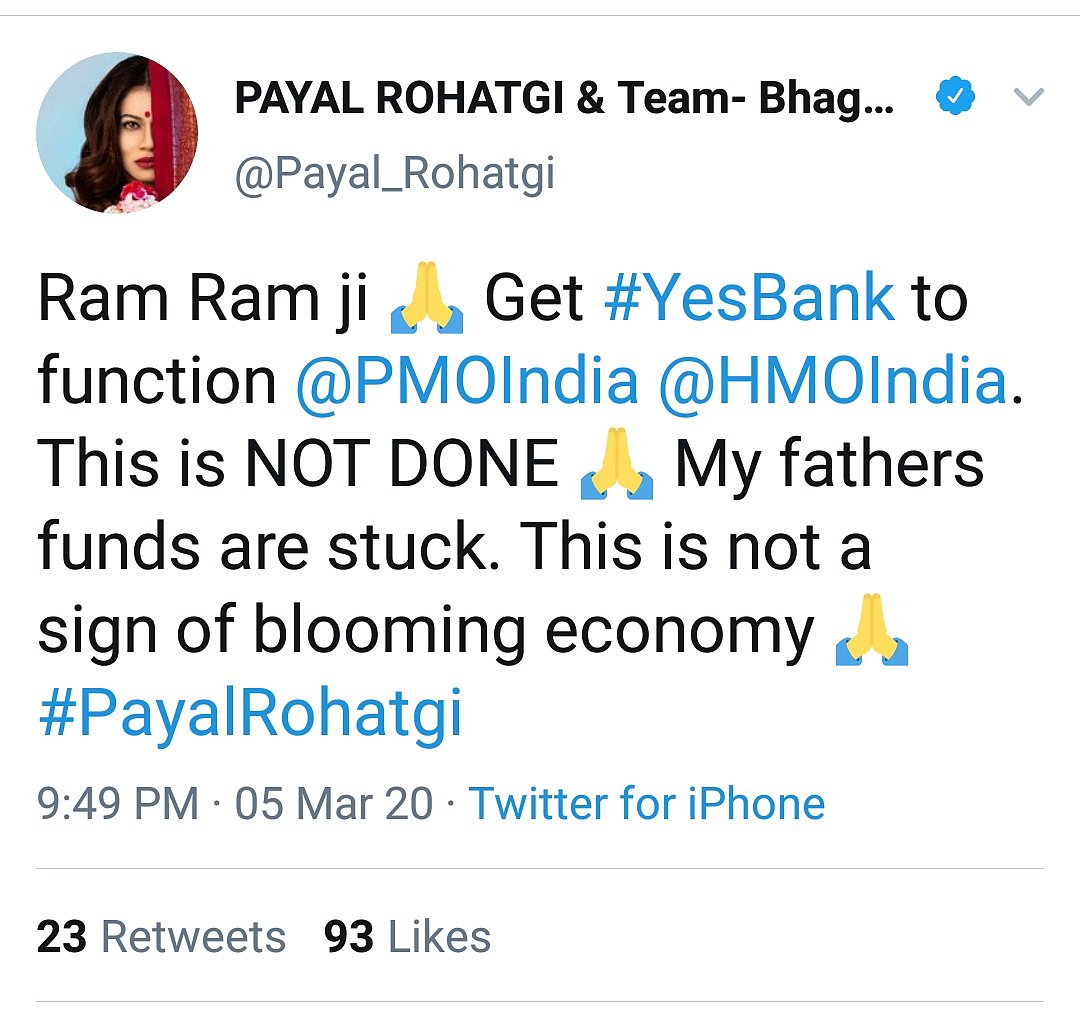 ‘My father’s funds are stuck in #YesBank’, tweets Payal Rohatgi, targets Modi, Shah, later deletes; trolled
