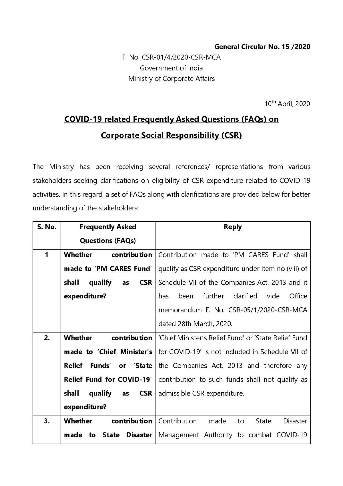 Contributions to PM CARES Fund qualify as CSR expenditure, but not those made to CM’s Relief Fund: MCA