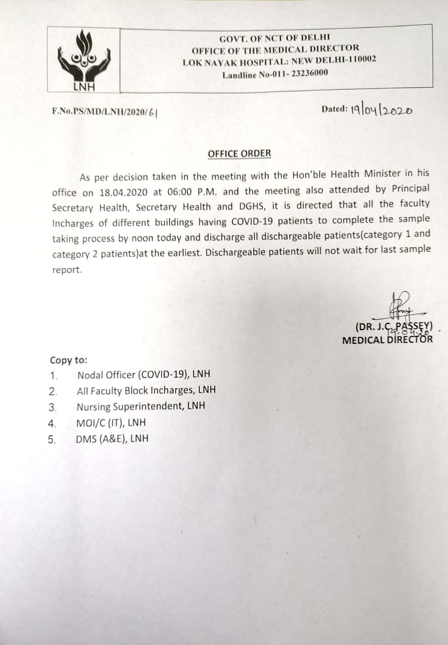 Delhi COVID-19: LN Hospital director orders discharge of patients before test results come in