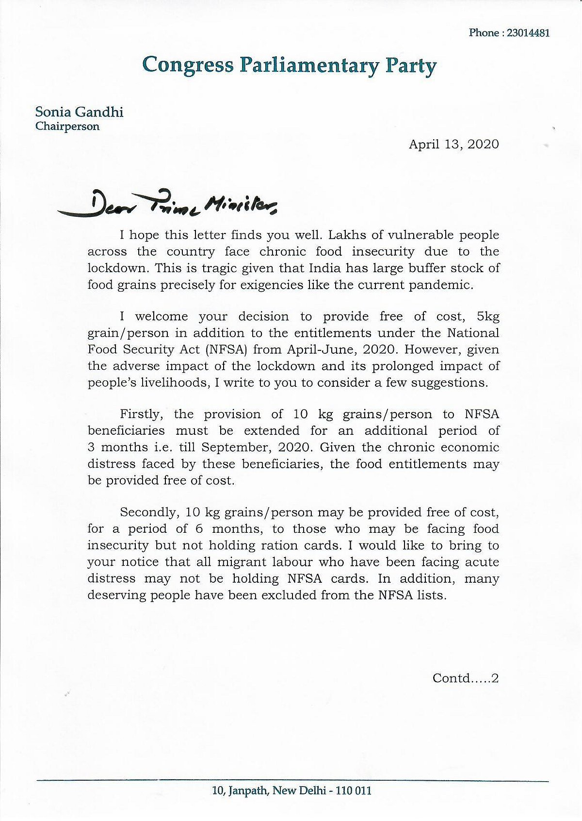  Sonia Gandhi writes to PM Modi, seeks 10 kg grains for NFSA beneficiaries, other needy people till Sept