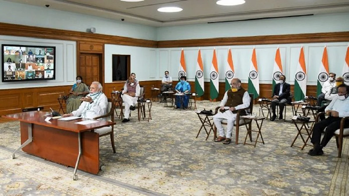 PM Modi and several Union ministers interact with chief ministers during a video conference on 27 April 2020 