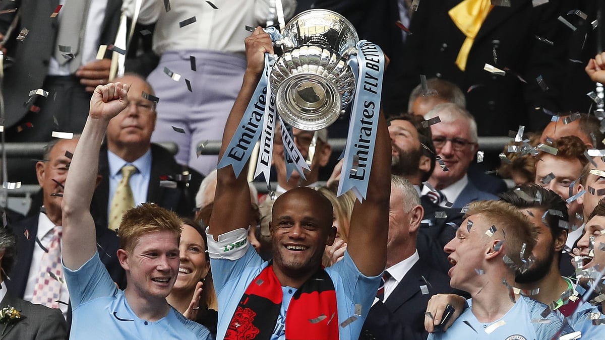 Manchester City’s players celebrate after winning the English FA Cup Final between Manchester City and Watford at Wembley Stadium in London (File photo)