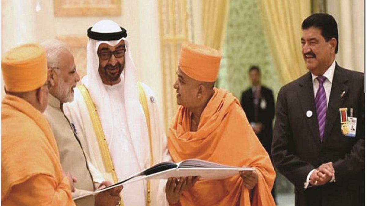 BR Shetty looks on as PM narendra Modi and UAE  Crown Prince Mohamed bin Zayed al Nahyan interact with priests before the foundation laying ceremony of Abu Dhabi’s first Hindu temple in February, 2018