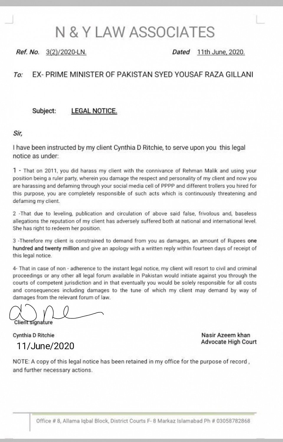 American adventurist Cynthia Ritchie now in legal dog fight with ex-PM Gilani 