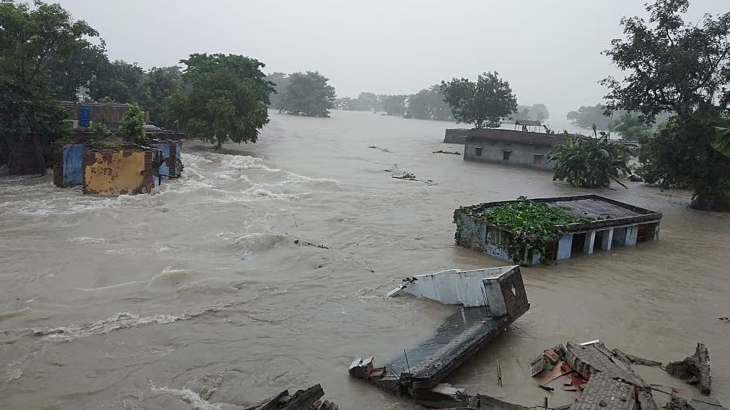 Houses damaged due to floods in Bihar’s Gopalganj district on July 27, 2020