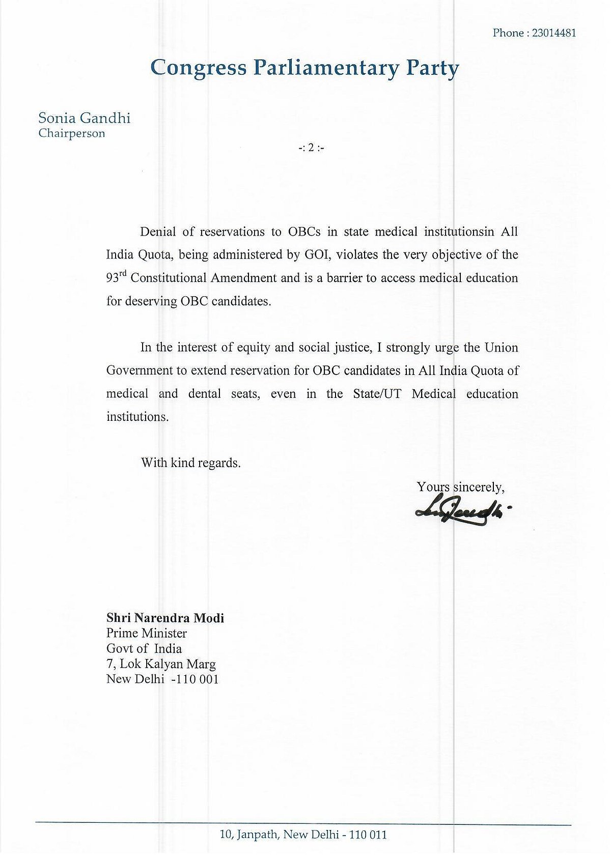 OBC candidates lost 11,000 seats in medical colleges due to lack of reservations, Sonia Gandhi writes to PM