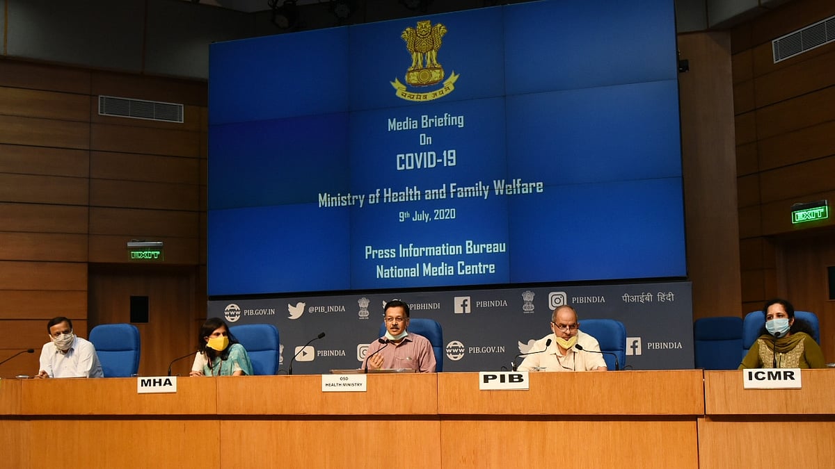 Officer on Special Duty (OSD), Ministry of Health and Family Welfare (MoHFW) Rajesh Bhushan holds a press briefing on the actions taken, preparedness and updates on COVID-19, in New Delhi on July 9, 2020 (IANS Photo)
