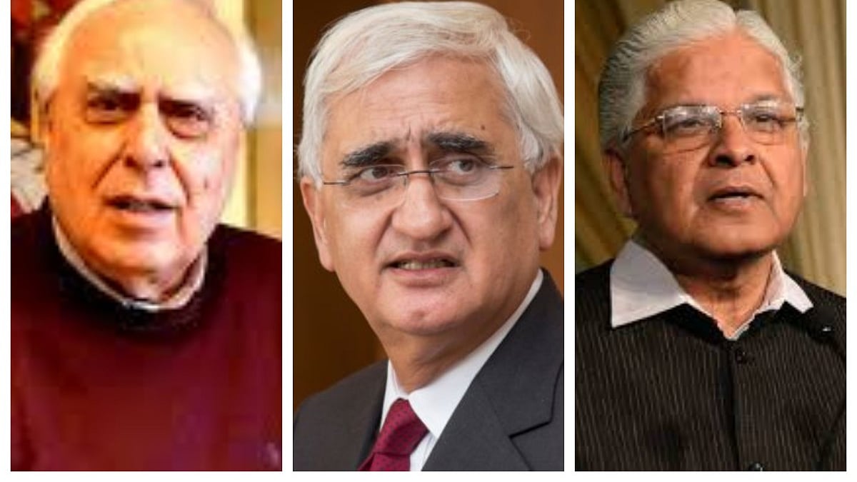 Former Union Law Ministers (from left) Kapil Sibal, Salman Khurshid and Ashwani Kumar