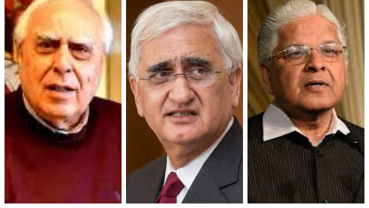 Former Union Law Ministers (from left) Kapil Sibal, Salman Khurshid and Ashwani Kumar