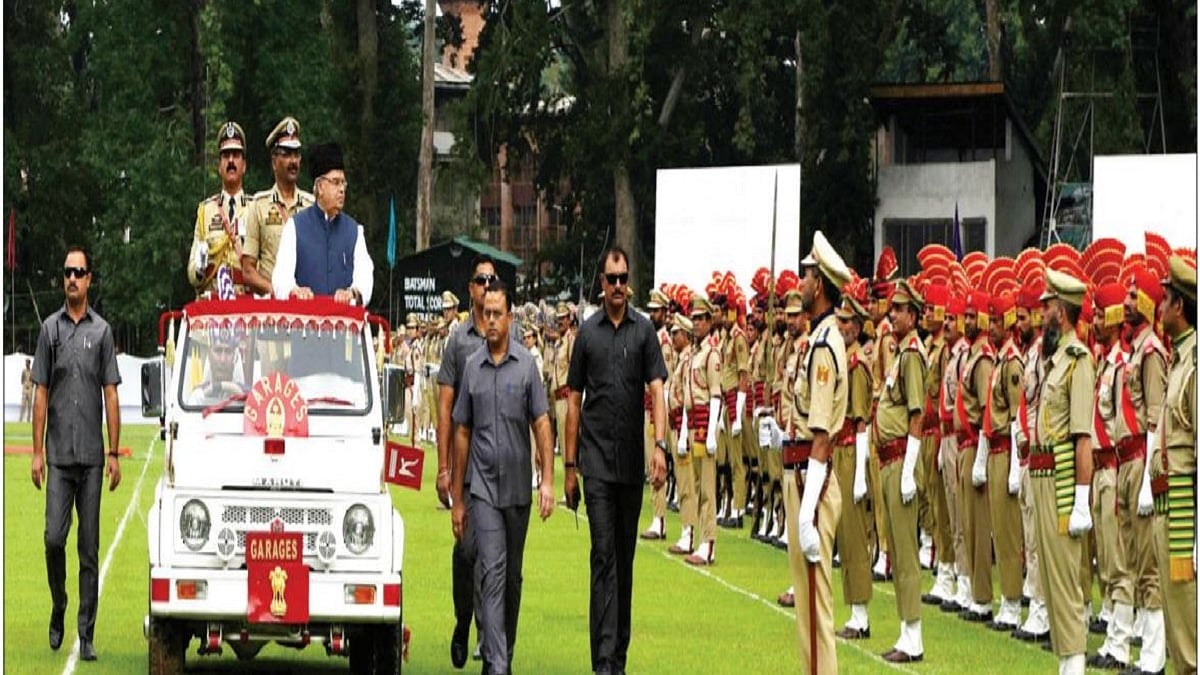 The-then Jammu and Kashmir Governor Satya Pal Malik inspects the Guard of Honour during the 73rd Independence Day celebrations at Sher-i-Kashmir Cricket Stadium, on August 15, 2019 in Srinagar, India