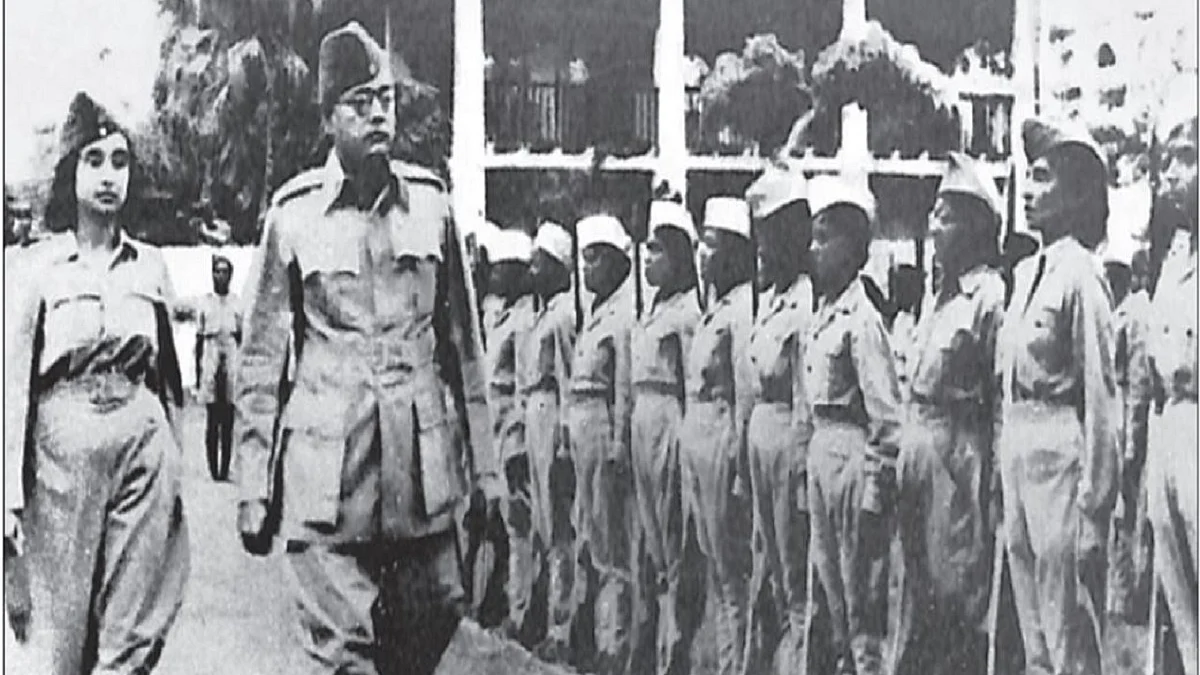 Subhas Chandra Bose, inspecting the guard of honour presented by the Rani of Jhansi Regiment during the opening of the Rani of Jhansi camp, Singapore 